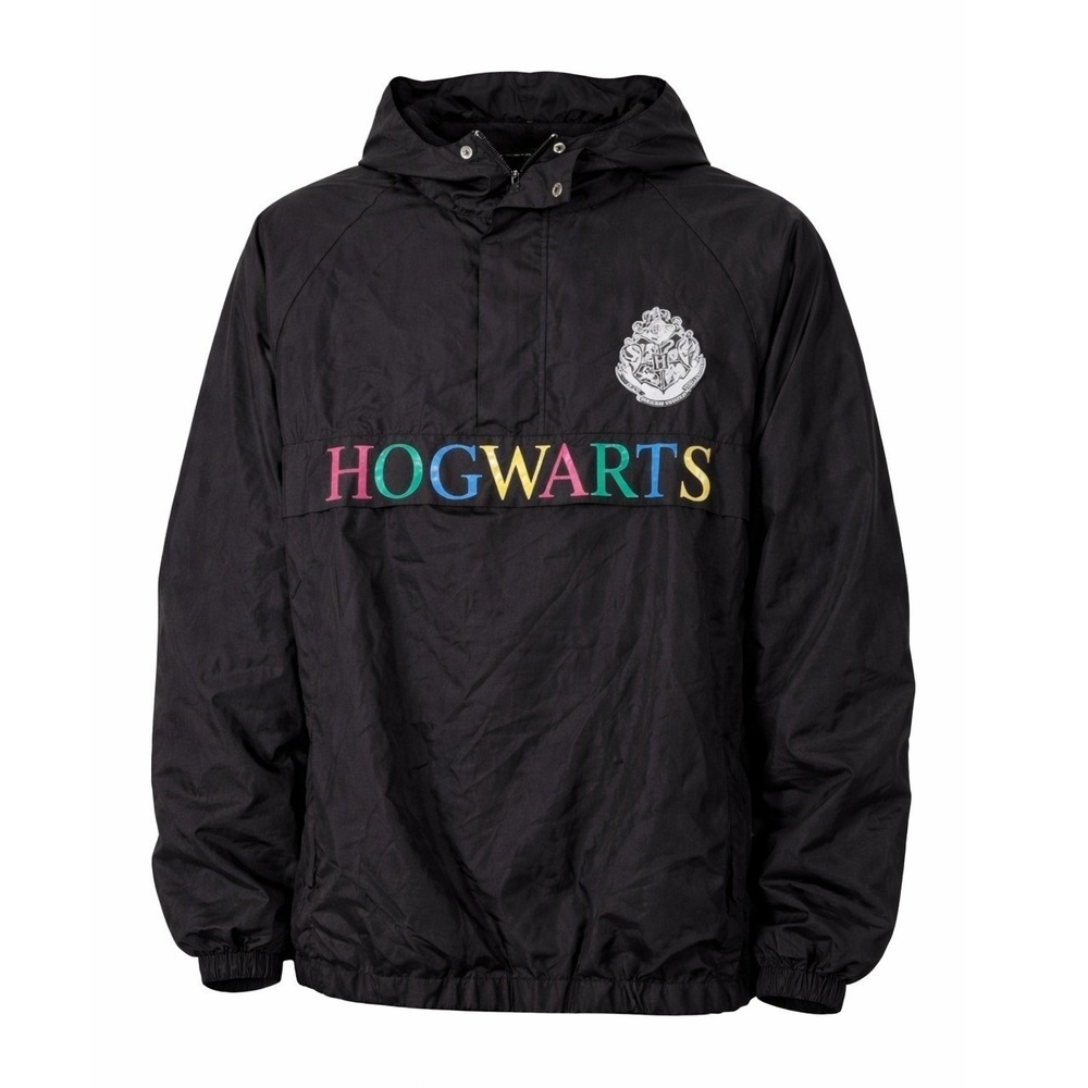 Hogwarts Windbreaker Jacket Black Rainbow Logo Harry Potter Streetwear Hooded L